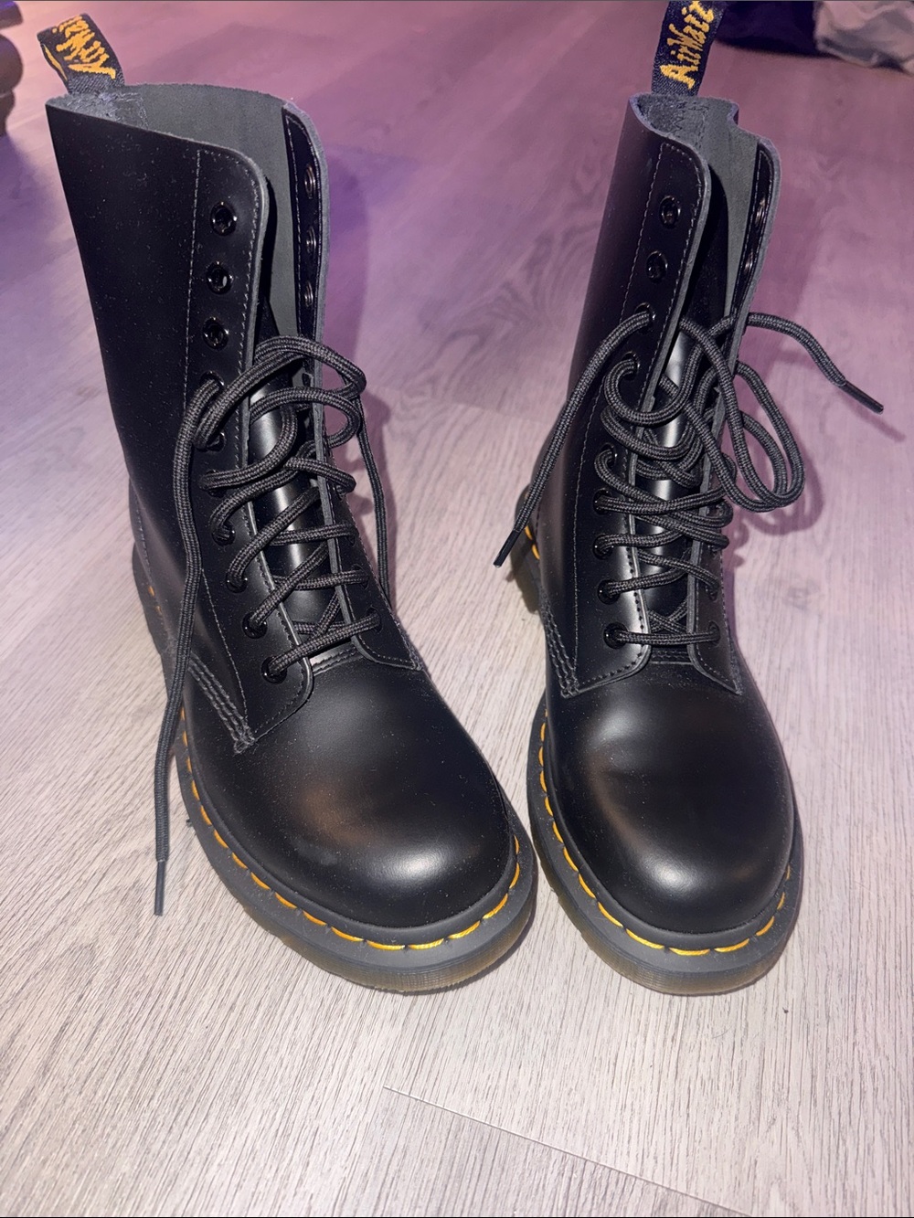 Dr. Martens Black Leather Lace-Up Combat Boots with Yellow Stitching